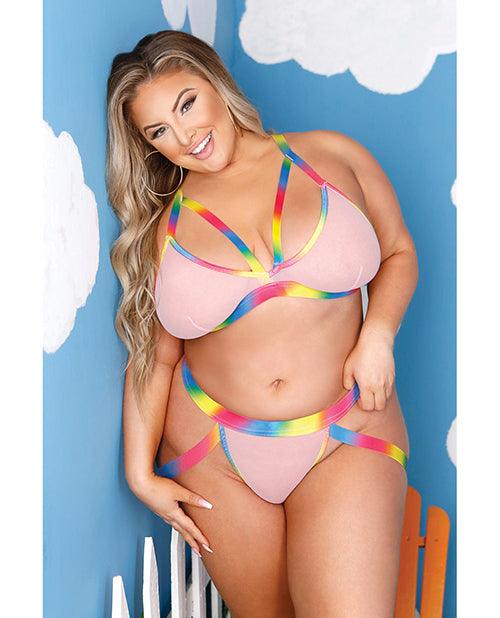product image, Vibes Make It Rain Caged Bralette & Panty W-booty Rainbow Qn - SEXYEONE