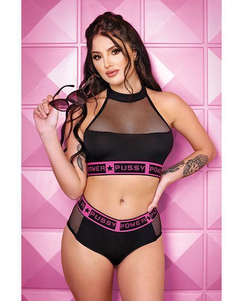 product image, Vibes Pussy Power Micro-net Halter Top & Booty Short Black - SEXYEONE