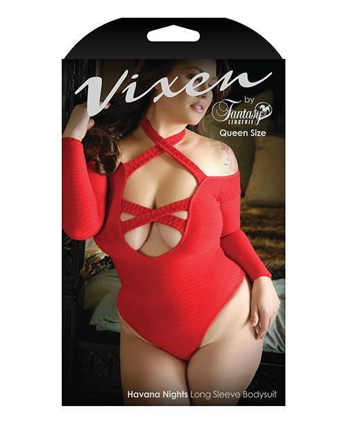 image of product,Vixen Havana Nights Long Sleeve Bodysuit W-snap Closure Red Qn - SEXYEONE