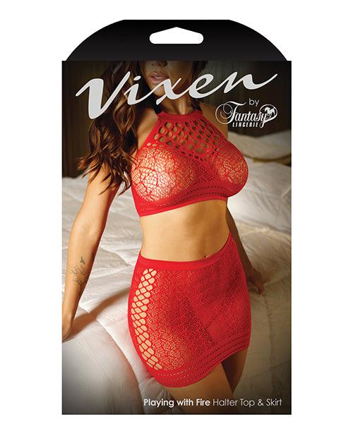 image of product,Vixen High Neck Halter Net Top & Tie Back Skirt Red - SEXYEONE