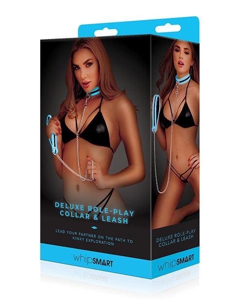 product image, Whip Smart Glow In The Dark Deluxe Role-play Collar & Leash - Blue - SEXYEONE