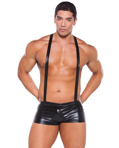 Zeus Wet Look Suspender Shorts Black O/s - SEXYEONE